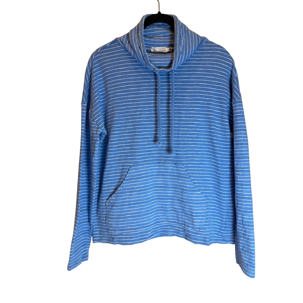 Carve Designs Women Blue White Striped Organic Cotton Cowl Neck Hoodie Small
